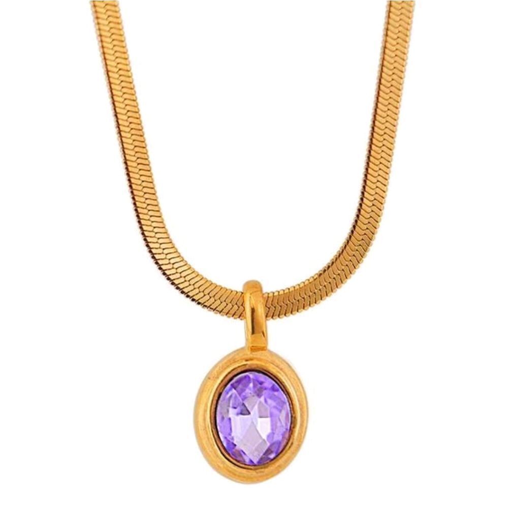 18K Gold Plated Purple Stone Pendant On Herringbone Chain Necklace